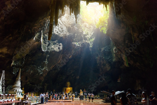 shaft of light - Light shines through the bottom of the cave : Khao Luang Cave