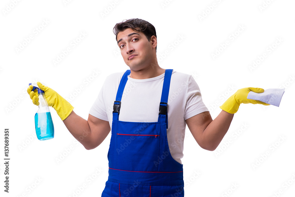 Man with cleaning agents isolated on white background Man with cleaning agents isolated on white background