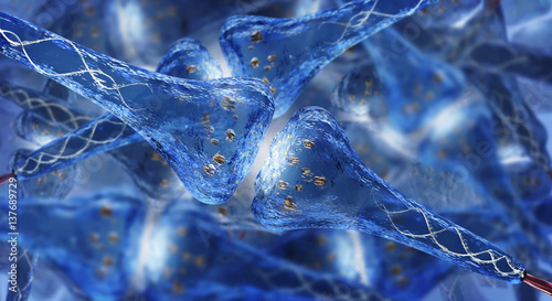 Synaptic process - human nervous system showing neurons and electrical transmission - 3D rendered image