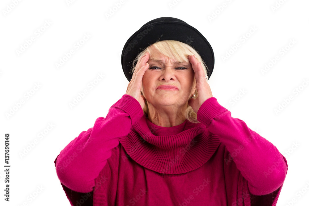 Senior woman having headache. Lady in pain touching head. Senior woman having headache. Lady in pain touching head.