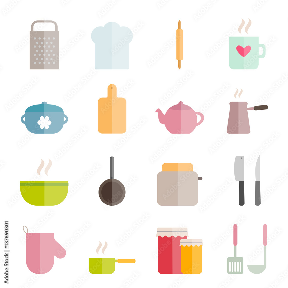 Collection of flat vector kitchen icons for web, print, mobile apps design Collection of flat vector kitchen icons for web, print, mobile apps design