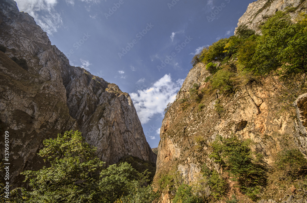 Rocky Mountains Landscape with sunny sky with clouds. Beautiful Caucasus nature. Azerbaijan Guba