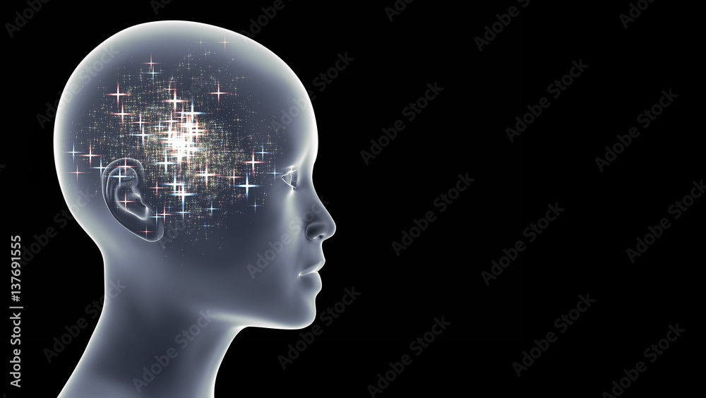 Obraz premium beautiful woman with pink and blue bright stars in her head in front of a black background (conceptual 3d illustration)