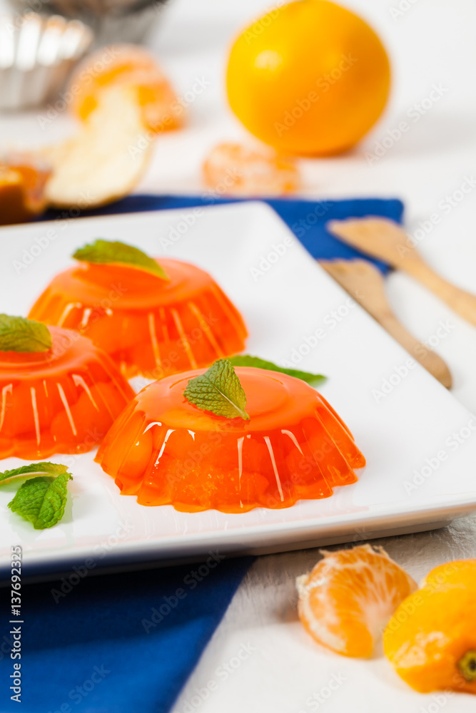 Mandarin Orange Jelly Summer Holiday Desserts. Selective focus. Mandarin Orange Jelly Summer Holiday Desserts. Selective focus.