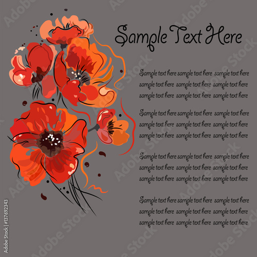 Card, banner, poster with bright red poppies and place for text on a gray background, mourning.