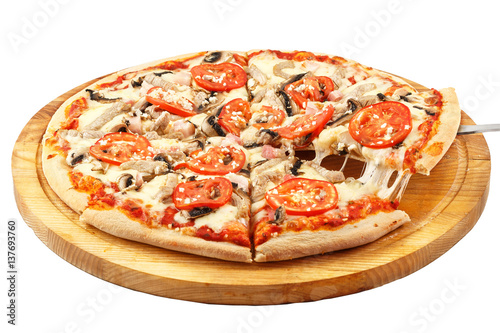 Pizza, mozzarella, pork, onion, bacon, mushrooms, parsley, tomato, garlic  photo