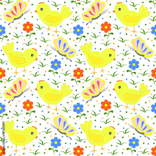 seamless pattern with chickens and butterflies on a white background