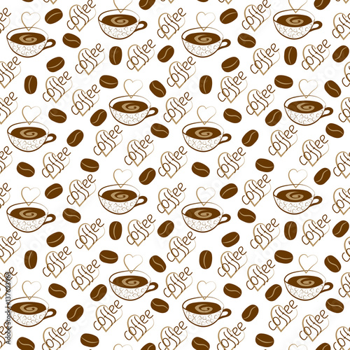 Seamless pattern with cups of coffee  coffee beans and heart with the word coffee on a white background