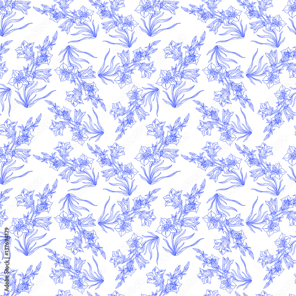 Seamless pattern with outline bell flower on a white background