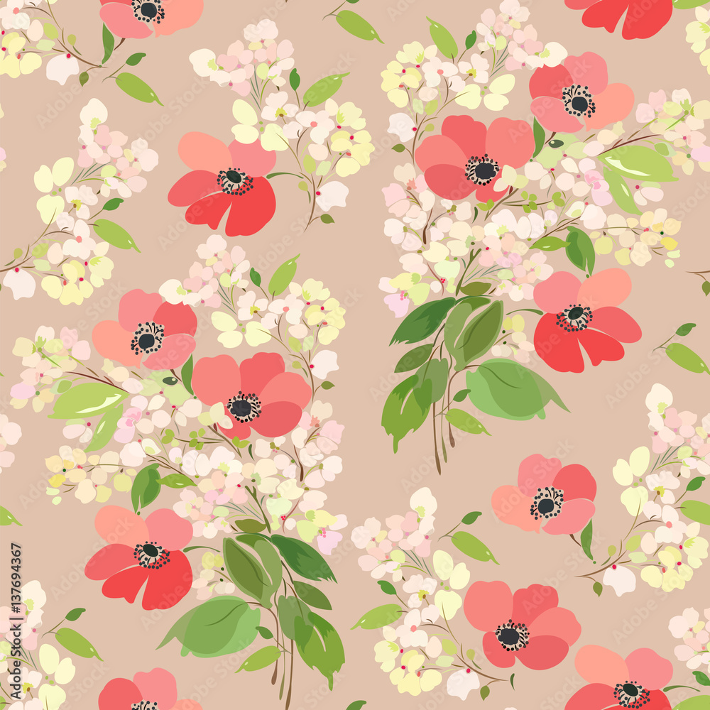 Seamless pattern with poppies and spring blooming twig on a light beige background.
