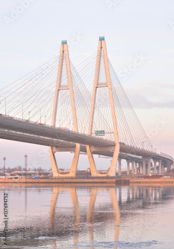 Cable stayed bridge and Neva river.