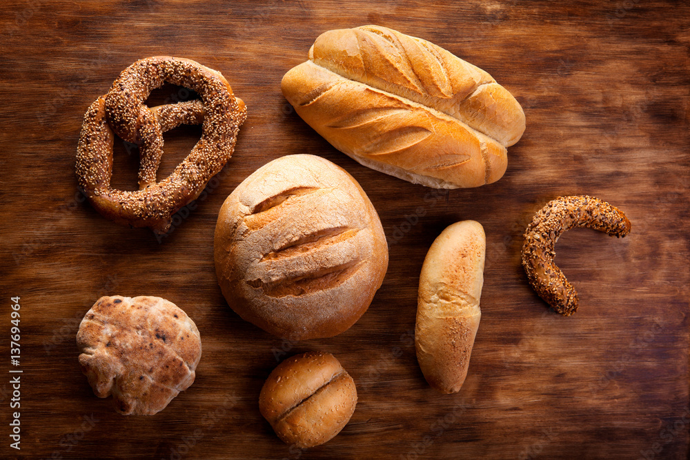 Bread on wooden table, top view. Bread on wooden table, top view.