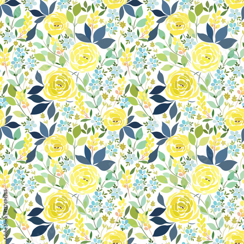  Seamless pattern with yellow roses and blue small flowers with leaves.