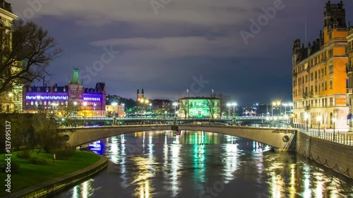 Flowing water canal and bridge at night Time Lapse. Stockholm city center photo