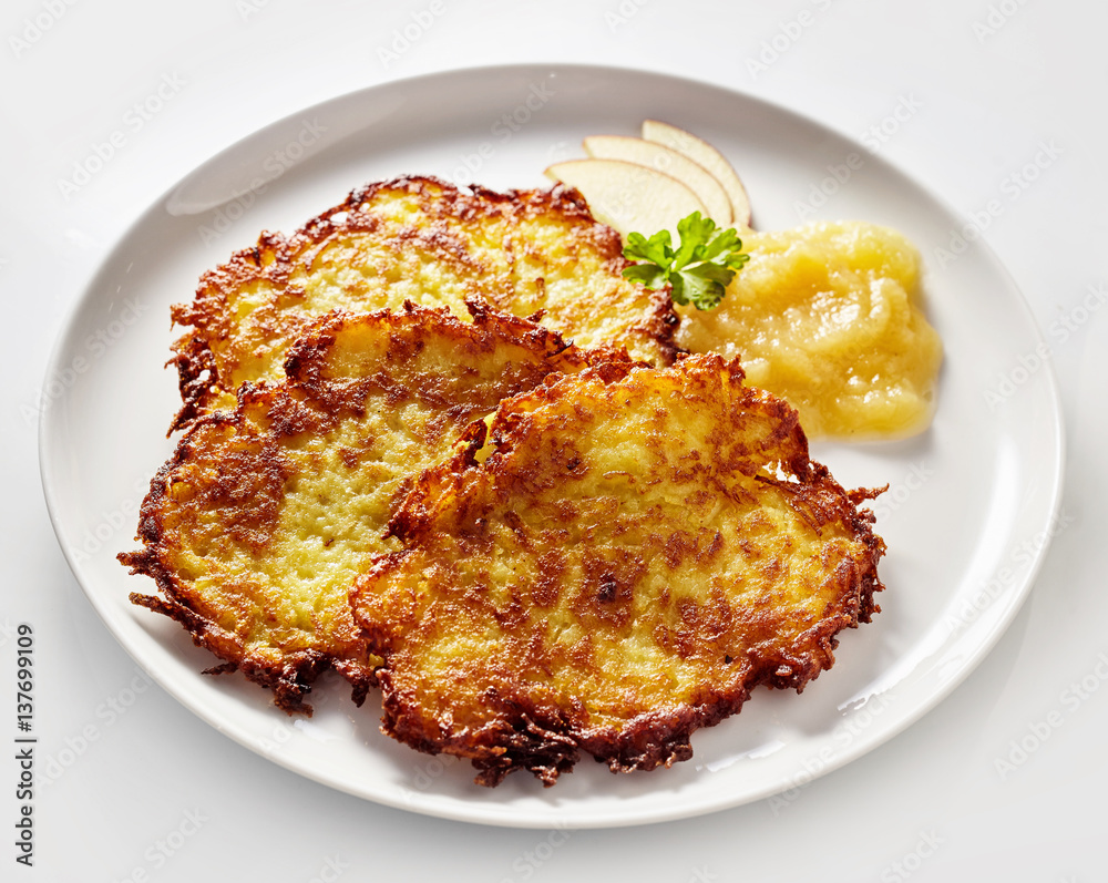 Golden Fried Potato Rosti Served with Applesauce Golden Fried Potato Rosti Served with Applesauce