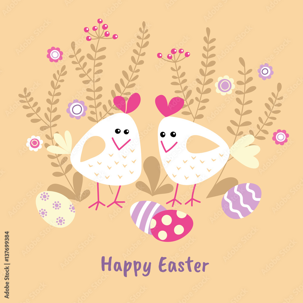 Two cute white chicken with painted eggs and sprigs.