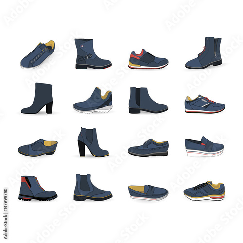 Set with different types of trend shoes, vector, illustration,