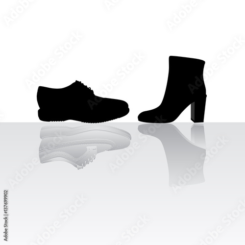 Male classic shoe with female high heel boot, vector, illustration,