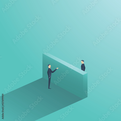 Business negotiation vector concept illustration with two businessman having conversation over the wall. Symbol of making deal, agreement.