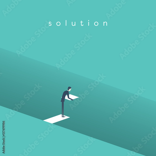 Business solution vector concept with businessman building bridge over deep hole. Symbol of business innovation, overcome challenges and opportunity.