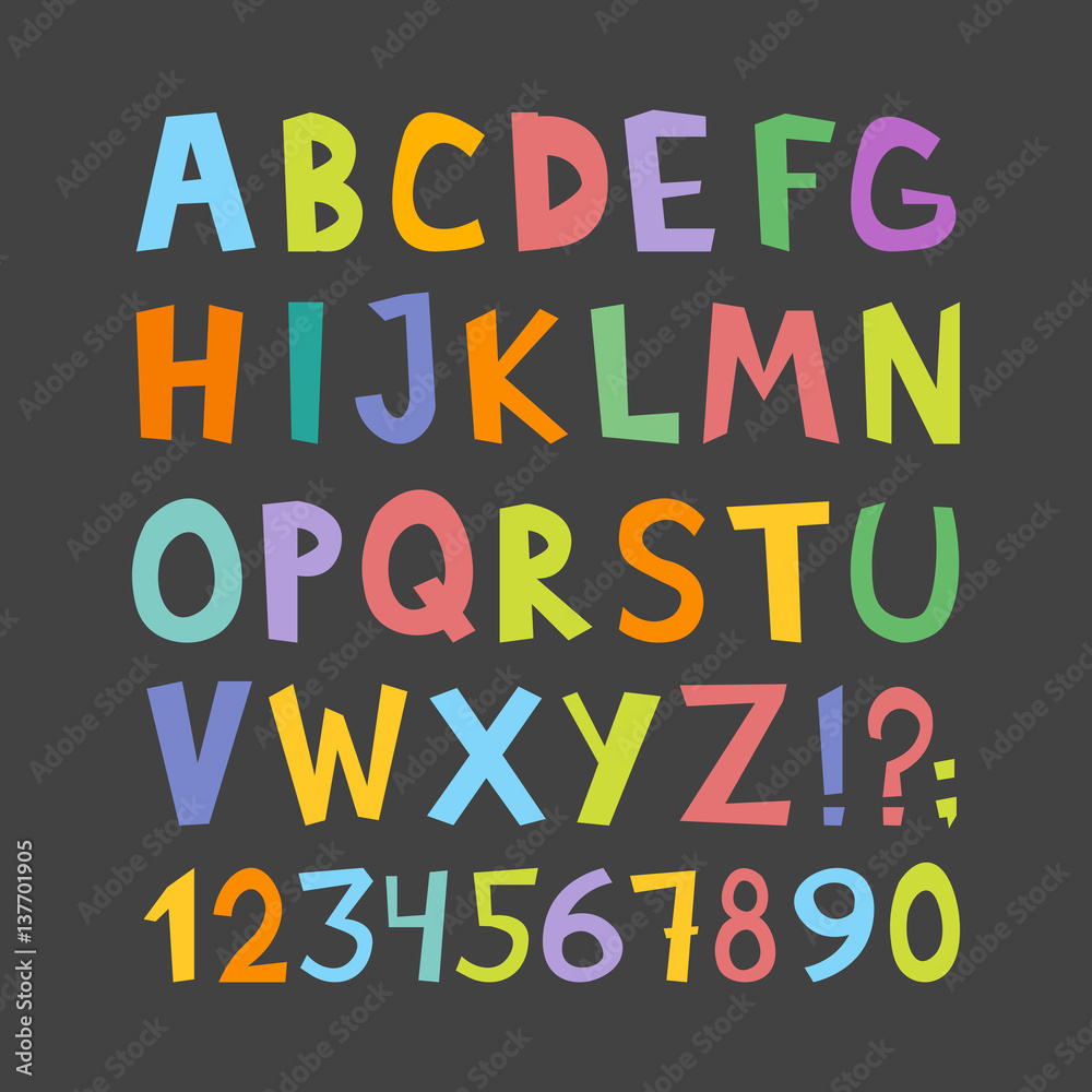 Vector funny comics font. Hand drawn lowcase and uppercase colorful cartoon English alphabet letters. Vector illustration Vector funny comics font. Hand drawn lowcase and uppercase colorful cartoon English alphabet letters. Vector illustration