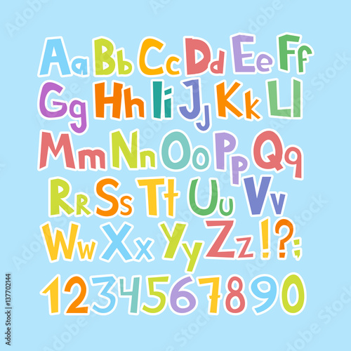Funny comics font. Hand drawn lowcase and uppercase colorful cartoon English alphabet with lower and uppercase letters. Vector illustration