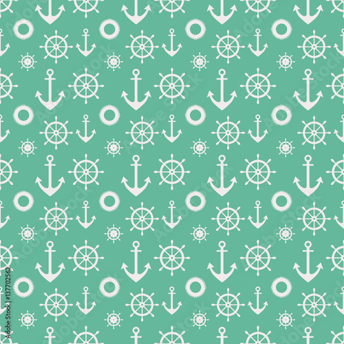 Vector seamless pattern with anchor, steering wheel. Symmetrical background, nautical theme. Graphic illustration. Template for wrapping, backgrounds, fabric, prints, decor, surface