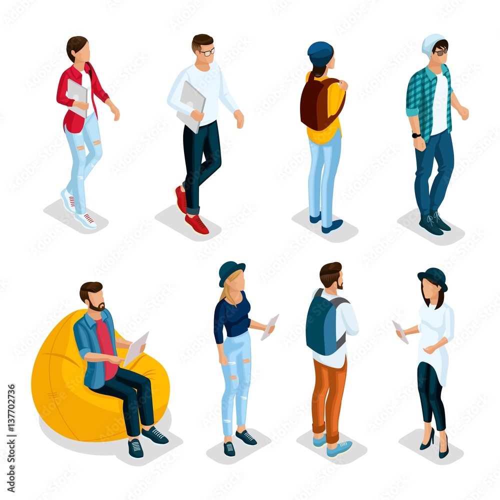 Trendy isometric young creative people, set 4 in stylish clothes with modern hairstyles. Freelancers students, hipsters isolated. Vector illustration Trendy isometric young creative people, set 4 in stylish clothes with modern hairstyles. Freelancers students, hipsters isolated. Vector illustration