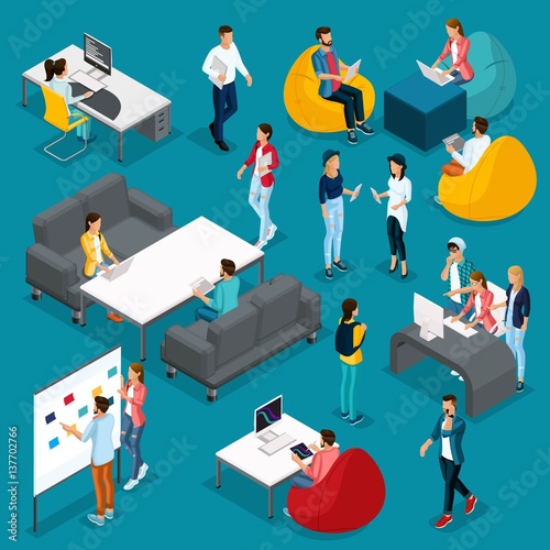 Trendy isometric young creative people, set 4 in stylish clothes with modern hairstyles. Freelancers students, hipsters isolated. Vector illustration