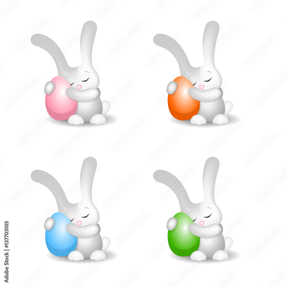 Fototapeta premium Easter Bunny with Easter eggs cute fluffy set of 4
