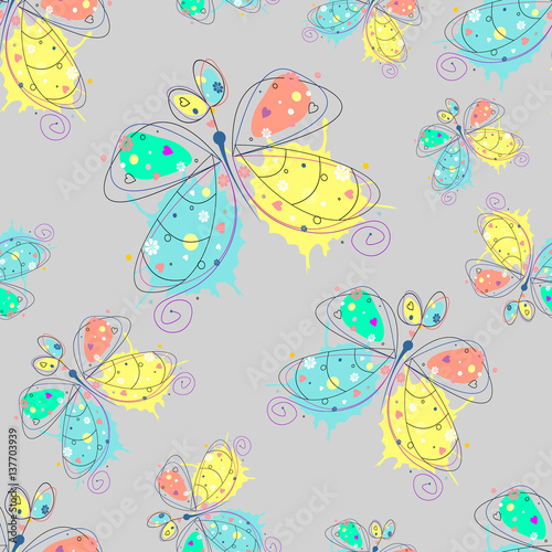 Vector seamless pattern with insect Hand drawn outline decorative endless background with cute drawn butterfly Graphic illustration. Line drawing. Print for wrapping  background  decor