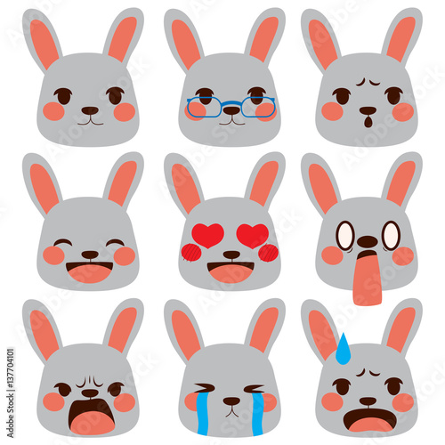 Set collection of different rabbit face emoji expressions
