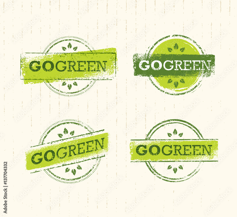 Go Green Recycle Reduce Reuse Eco Stamp Concept Set. Vector Creative Organic Illustration On Paper Background.