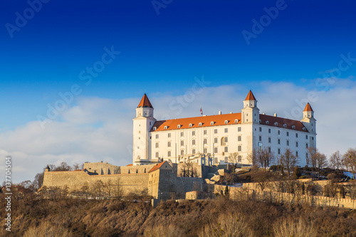 Photography Bratislava castle, and Danube river and beautiful sunset, Slovakia