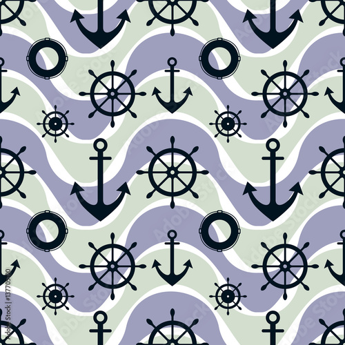 Vector seamless pattern with anchor, steering wheel. Symmetrical background, nautical theme. Graphic illustration. Template for wrapping, backgrounds, fabric, prints, decor, surface