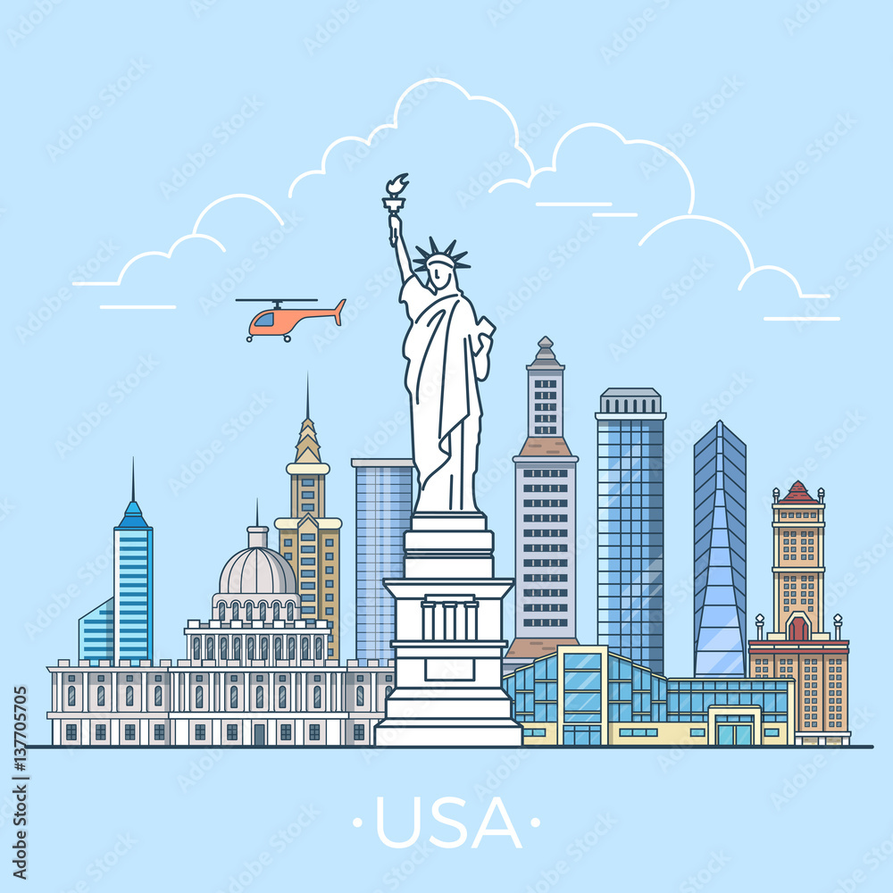 World travel in USA States Linear Flat vector design template.