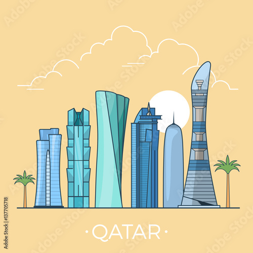 World travel in Qatar Linear Flat vector design template.
