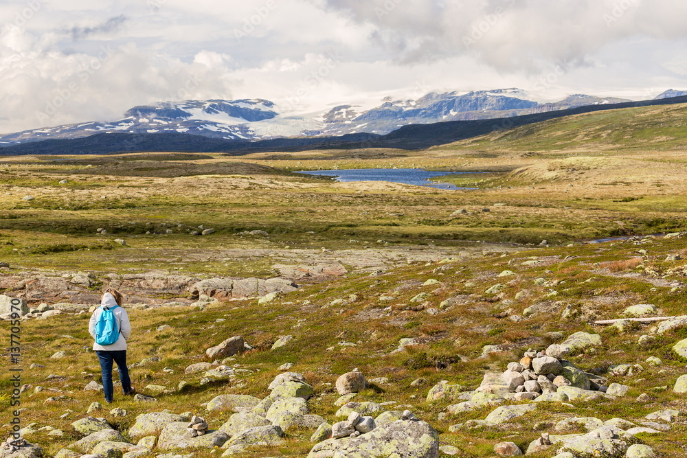 Woman looking at the Hardangervidda National Park landscape