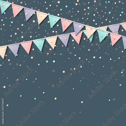 Bunting garland. Mesmeric celebration card with colorful paper bunting garland and confetti. Party background with bright decorations. Vector illustration.