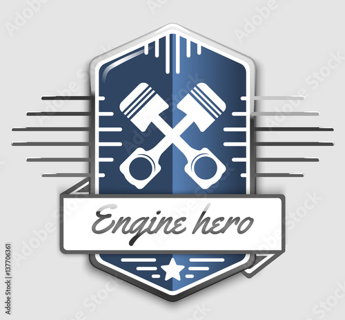vector logo of car customizing club with crossed pistons, ribbon and text; tuning motors garage insignia