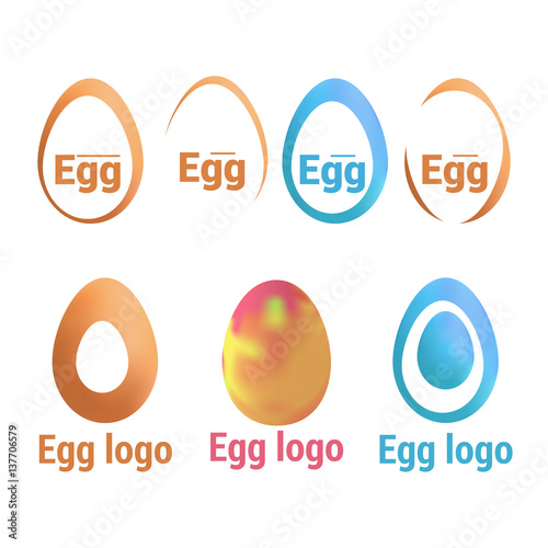 Set of logos with eggs. Fresh produce, sign, sticker, emblem oval shape, simple line art. Vector isolated illustration.