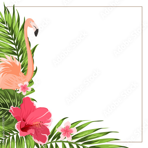 Fototapeta Naklejka Na Ścianę i Meble -  Tropical exotic greenery corner border frame template. Flamingo bird, hibiscus and plumeria flowers, jungle palm tree rain forest composition. Vector design illustration.