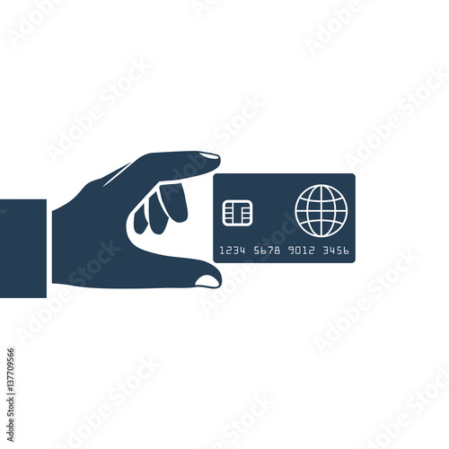 Hand holding credit card pictogram. Vector illustration, flat design style. Black silhouette icon isolated on a white background. Sign paying. Money on plastic.