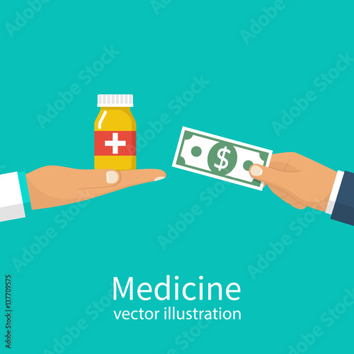 Buy medicine. Doctor holding bottle of pills to a patient. Money in hand in exchange for tablets. Sell medical pills. Pharmacy shop. Vector illustration flat design. Isolated on background.