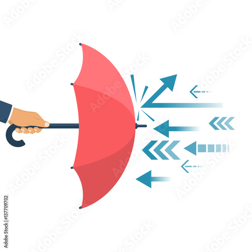 Protected from attack, concept. Defender business metaphor. Financial security. Businessman is holding an umbrella as a shield reflecting the attacks.