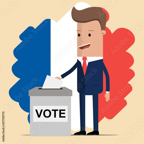 man in a suit, businessman putting paper in the ballot box against the backdrop of the French flag. Voting concept