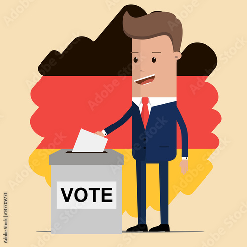 man in a suit, businessman putting paper in the ballot box with German flag in the background. Voting concept