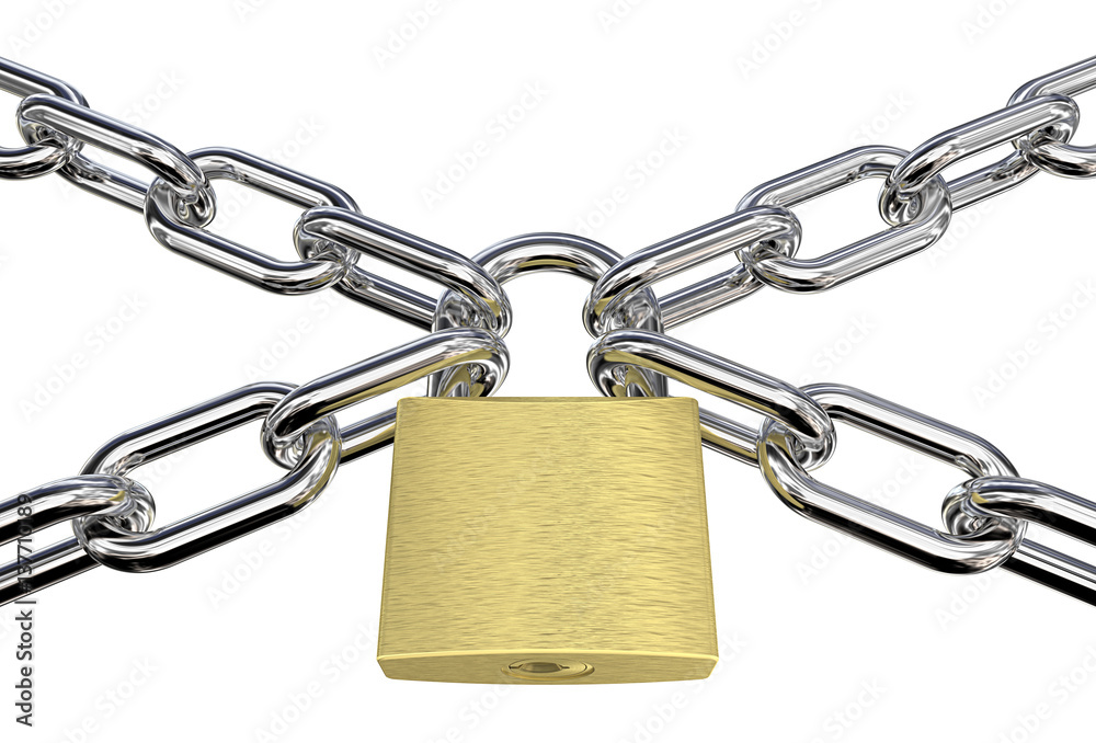 Security. Chains in a Cross with Brass Padlock. Isolated. 3D render. Security. Chains in a Cross with Brass Padlock. Isolated. 3D render.