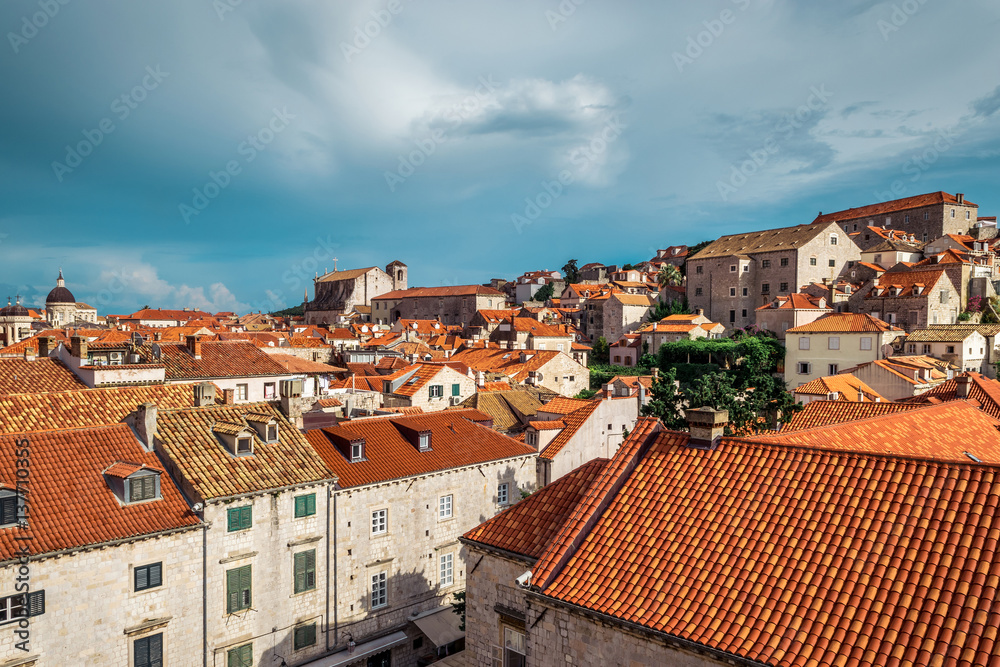 Rooftops in Dubrovnik old town in Croatia on a sunny day with blue sky