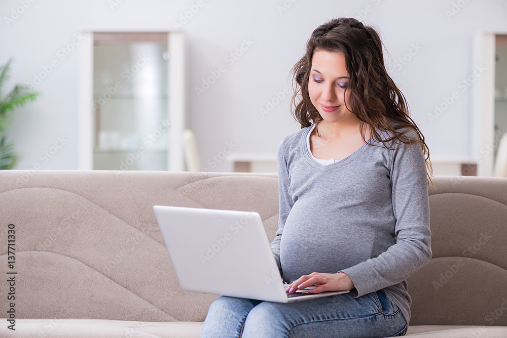 Pregnant woman working on laptop sitting on sofa Pregnant woman working on laptop sitting on sofa